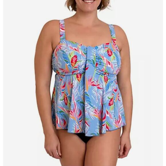 Fit 4 U Tankini Swim Top Blue Floral Waterfall Ruffle Size 16 - Picture 1 of 8